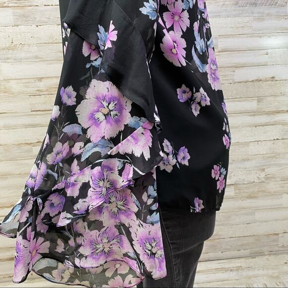 Nanette Lepore Zen Silk Floral Blouse Womens Size S Purple Black Bell Sleeve - Picture 9 of 16